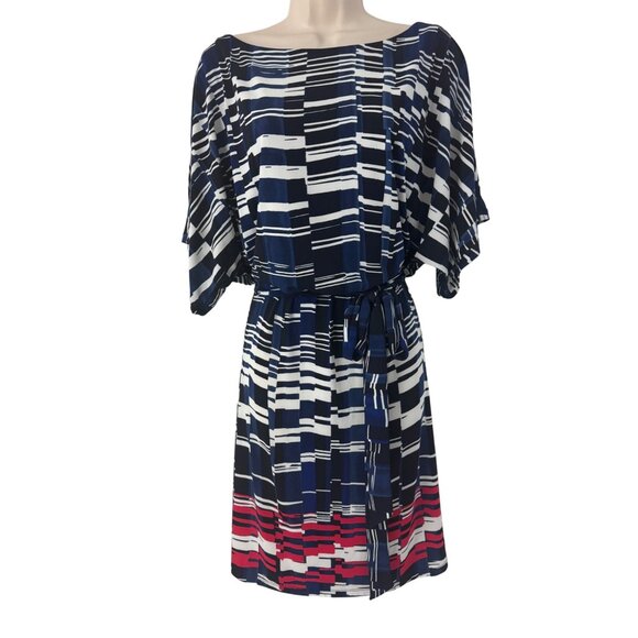 Dressbarn Dolman Sleeve Blue Red‎ Printed Blouson Dress w/Tie Size 1X 16 Office - Picture 4 of 7